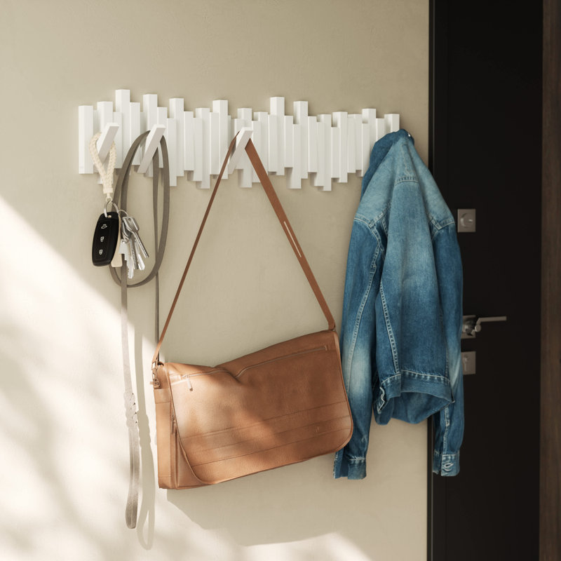 Sticks 8-Hook Wall-Mounted Coat Rack, Flip-Down Hooks for Entryway, Bedroom, Office, White
