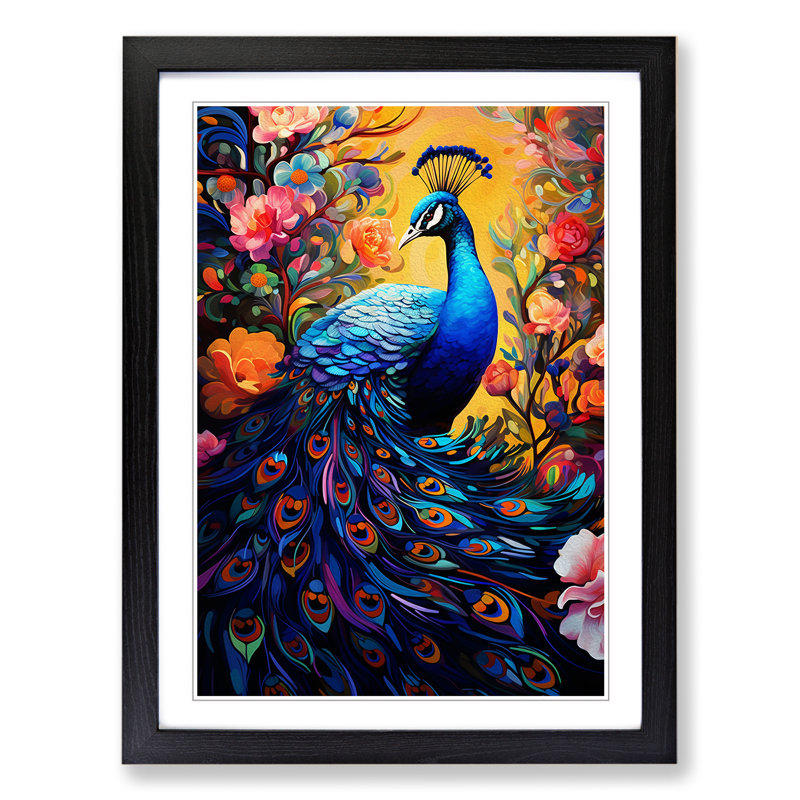 Peacock Neo-Plasticism - Single Picture Frame Print on Wood, Black Framed, 34cm H x 25cm W x 2" D