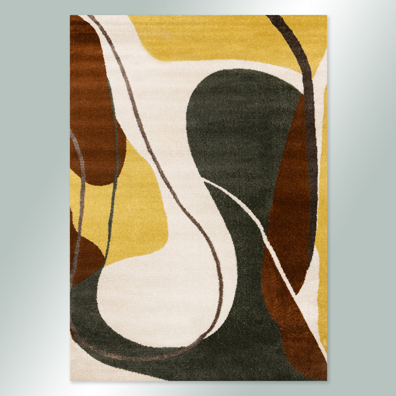 Tapis abstrait à poils courts jaune, vert et brun, Rectangle 5 pi 3 po x 7 pi 7 po