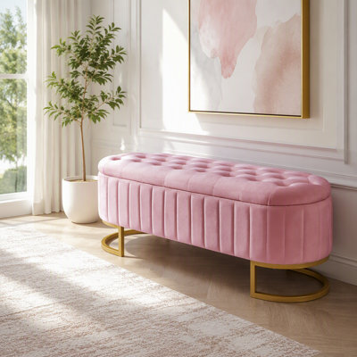 Velvet Button-Tufted Storage Ottoman with Metal Legs