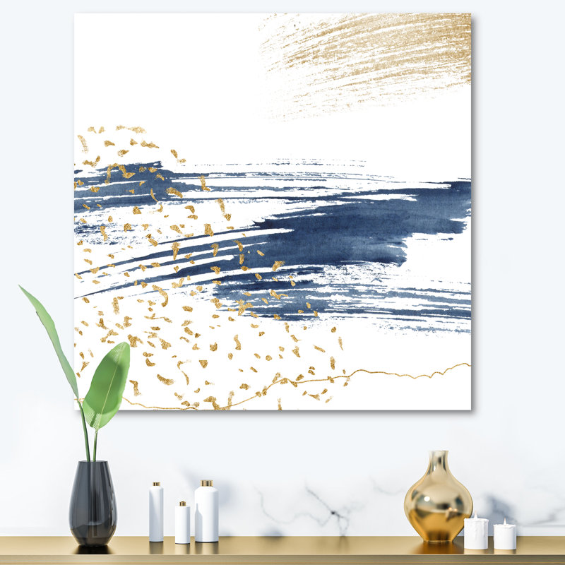 Bleu foncé et or abstrait I - peinture sur toile tendue, H 36 po x l 36 po x 1,5 po