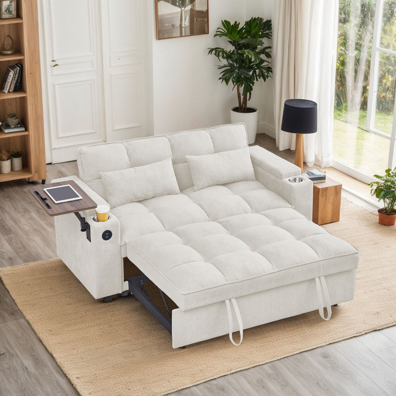 Chenille Convertible Loveseat with Storage Armrest, USB Port & Side Table, Beige Chenille