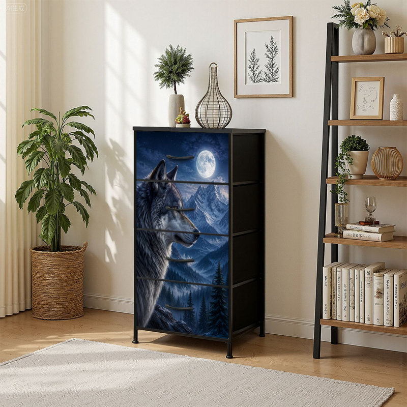 Commode 4 tiroirs à rangement vertical majestueux Wolf Snowy Mountain Landscape Under Moonlight