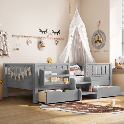 Lit pour enfant de style maison de campagne avec tablettes intégrées et tiroirs de rangement