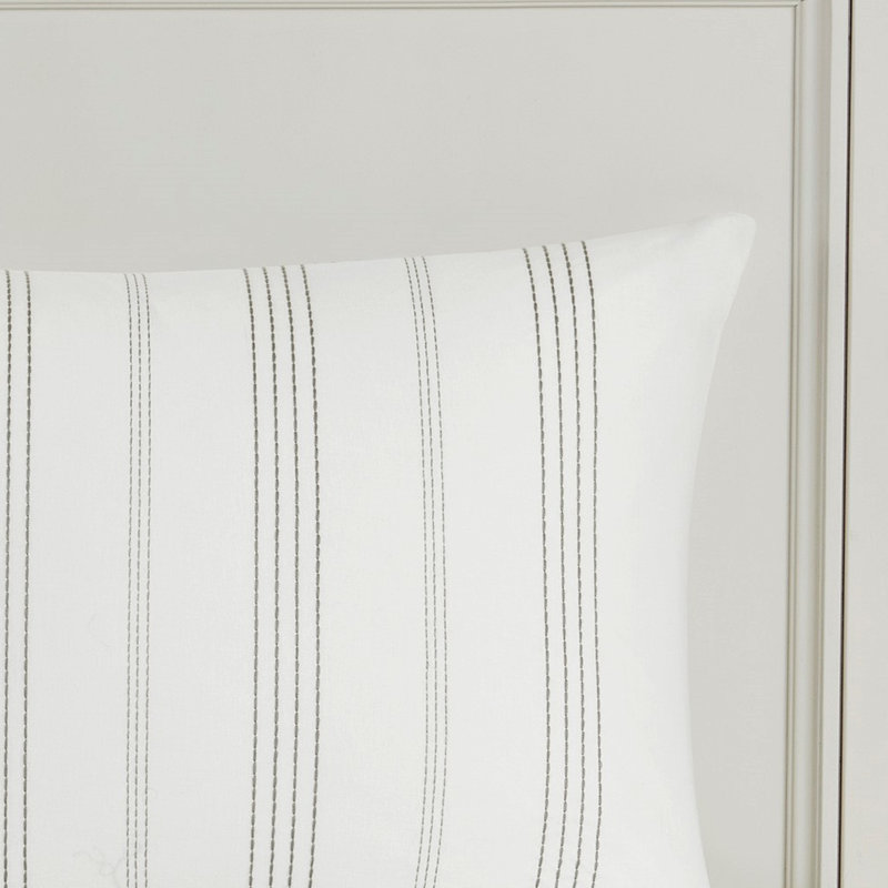 Ensemble de literie en coton 5 pièces très grand / très grand - blanc avec coussins décoratifs gris, rayures tissées, housse de couette à vapeur lavable à la machine et fermeture à glissière horizontale dissimulée sans produits chimiques