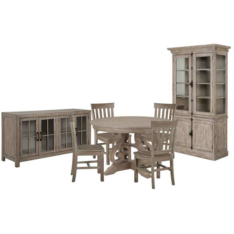 48" Round Dining Table With 4 Side Chairs Buffet And Dining Cabinet, 7 Pieces: Table, 4 Chairs, Sideboard, Cabinet, White