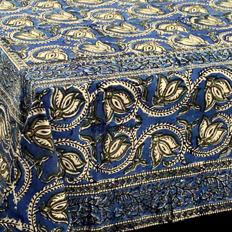 Cotton Floral Tablecloth Rectangle, 88" H x 108" W, Blue