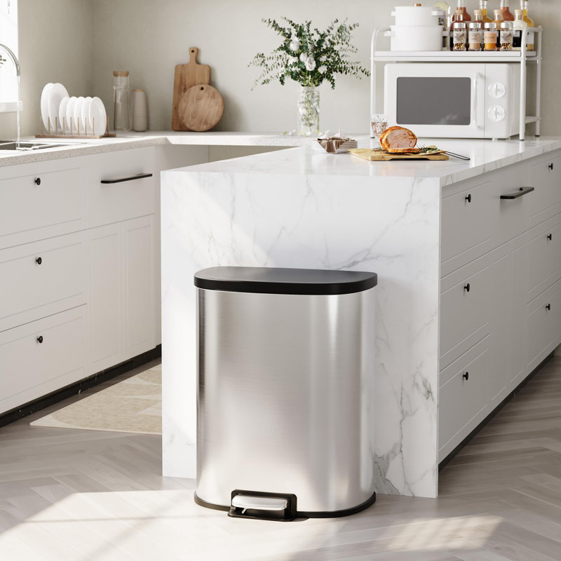 Stainless Steel D-Shape Trash Can 50L with Lid, Soft Close Step Garbage Can, Foot Pedal, Removable Inner Bucket for Kitchen Bathroom
