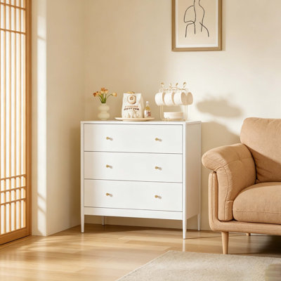 Commode blanche moderne à 3 tiroirs, armoire de rangement en panneau de fibres à densité moyenne pour la chambre à coucher, le salon et les petits espaces