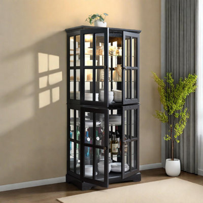 Antique Curio Display Cabinet With Glass Doors, Adjustable Shelves And Built-In Lighting