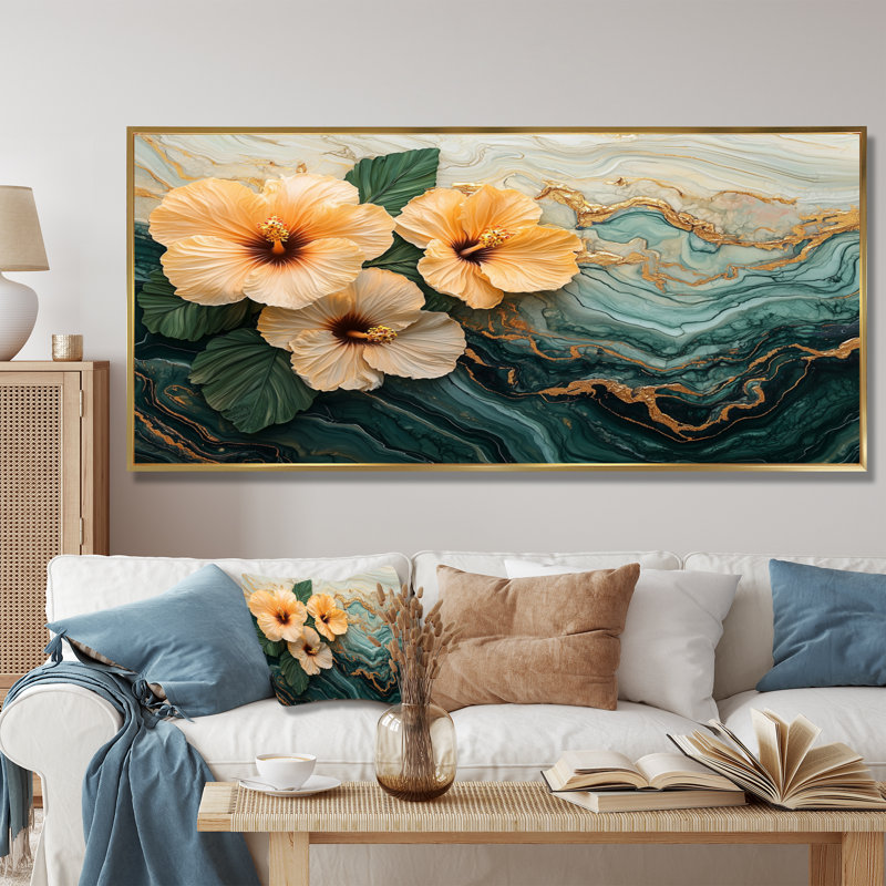 Colmon Hibiscus Flowers Field On A Emerald Stone I - Hibiscus, art mural sur toile, H 28 po x l 60 po, Or, Cadre flottant