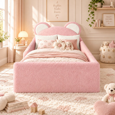 AVELOR Bear-Shaped Teddy Upholstered Kids Floor Bed with Removable Headboard, Low-Profile Children's Platform Bed