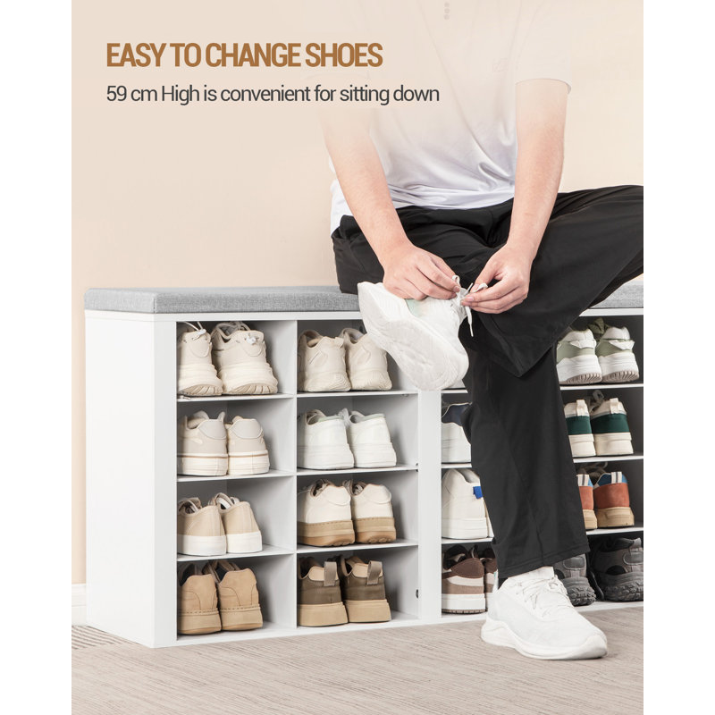 Shoe Storage with Seat and Coat Hooks, Shoe Bench with 16 Open Compartments and Wall Rack, Coat Rack with 9 Hooks, Adjustable Shelves for Hallway, Living Room, Bedroom, White 