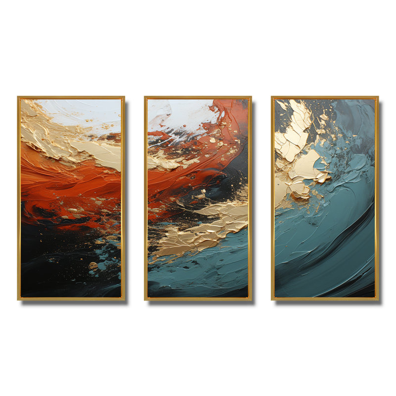 Orange et marbre orange, lave I - art mural abstrait, Cadre flottant doré, H 40 po x l 61 po x P 1 po