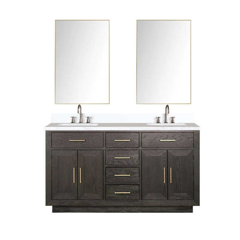 Meuble-lavabo double en chêne brun 60 po X P 22 po D, comptoir en quartz blanc, ensemble de robinet et Miroirs