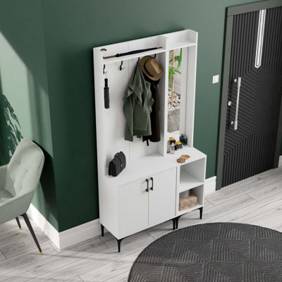 Meuble de couloir moderne avec support suspendu polyvalent, blanc, 27,6 po x 77,2 po x 13,8 po | Panneau de particules 100% mélaminé | Conception murale, de nombreuses tablettes pour un rangement supplémentaire, une solution d'entrée élégante et fonctionnelle
