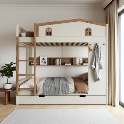 Lit superposé avec lit gigogne et tablettes de rangement, lits superposés en bois massif avec crochets, aucun sommier nécessaire
