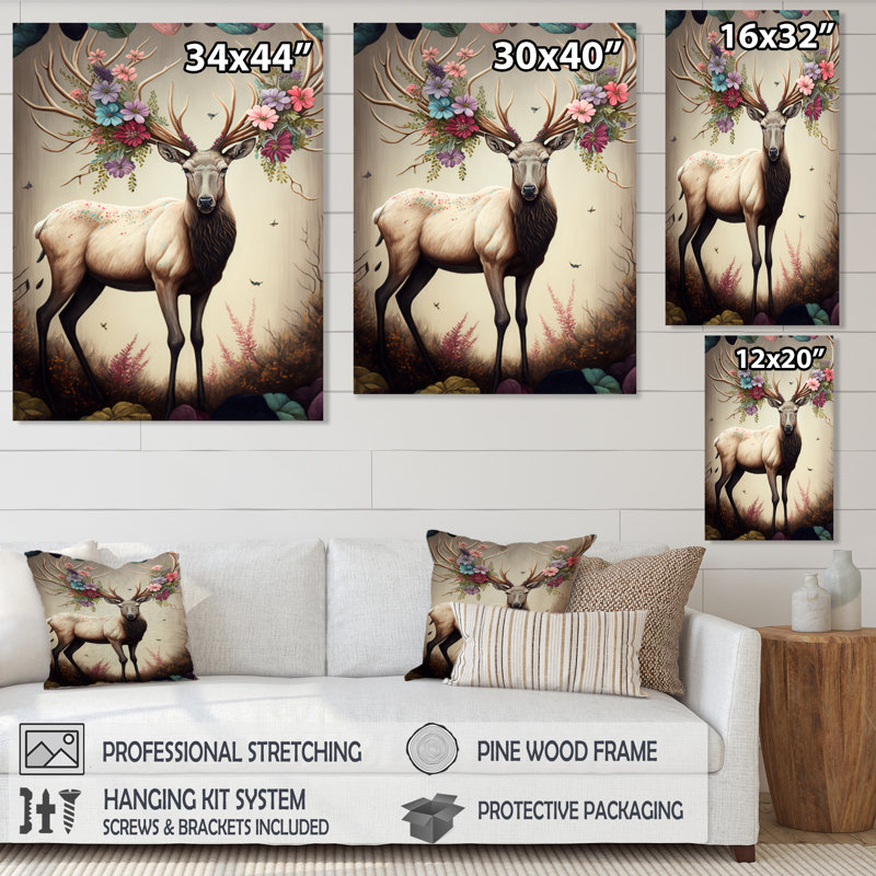 Caribou avec des bois en floraison - reproduction sur toile, H 44 po x l 34 po x P 1,5 po, Toile tendue