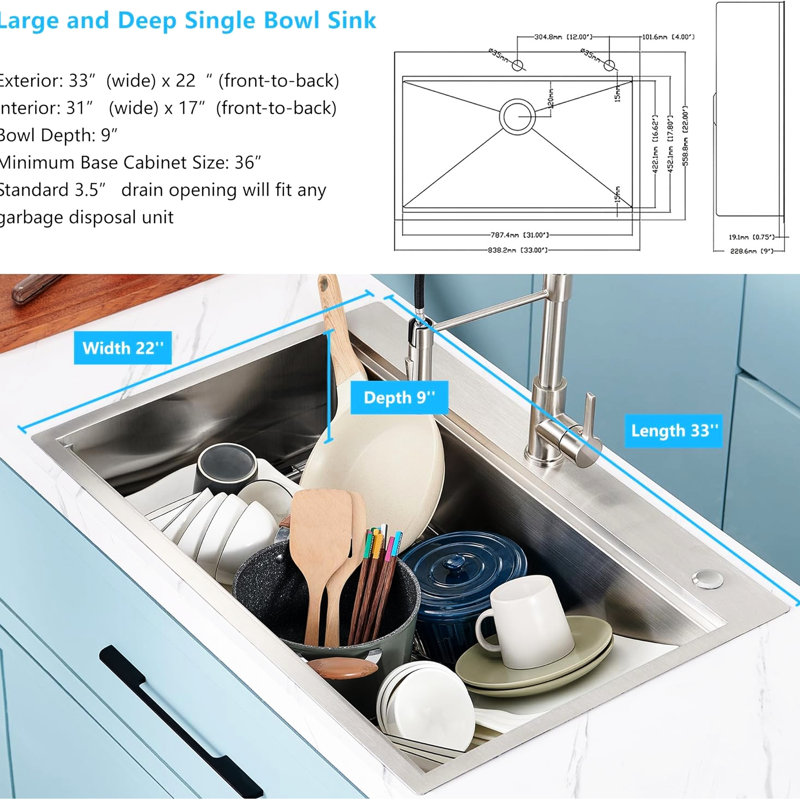 22" Wide Drop - In Topmount Stainless Steel Workstation Sink, 304 Grade For Scratch And Rust Resistance, With Solid Cutting Board Dish Drying Rack, Quiet Kitchen Operation Thick Panel Durability,