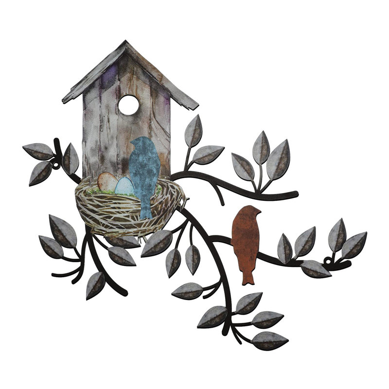 Décoration murale oiseau en métal, art mural feuille d'arbre avec nichoir, Brun