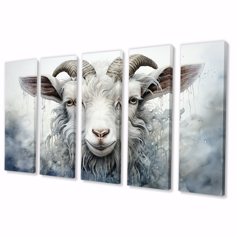 Portrait de chèvre pâturée blanche - Chèvre, art mural 5 pièces pour le salon, H 28 po x l 60 po
