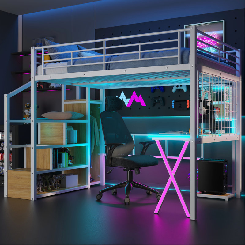 Lit mezzanine en métal avec bureau, rangement, DEL et garde-robe - Créez un poste de travail, une tablette, idéal pour les petites pièces