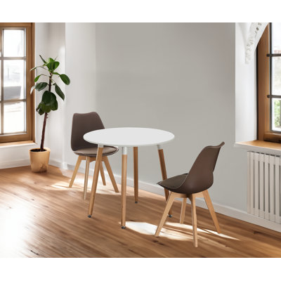 Franconia 2 Person Dining set - a Round Plastic Dining Table with Wooden Legs and a Set of 2 Faux Leather Cushion Padded Dining Chairs for Dining Room - Modern Dining Table Set