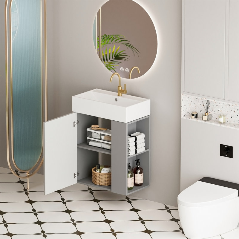Meuble-lavabo à fixation murale 21,6 po avec lavabo en céramique, Grey