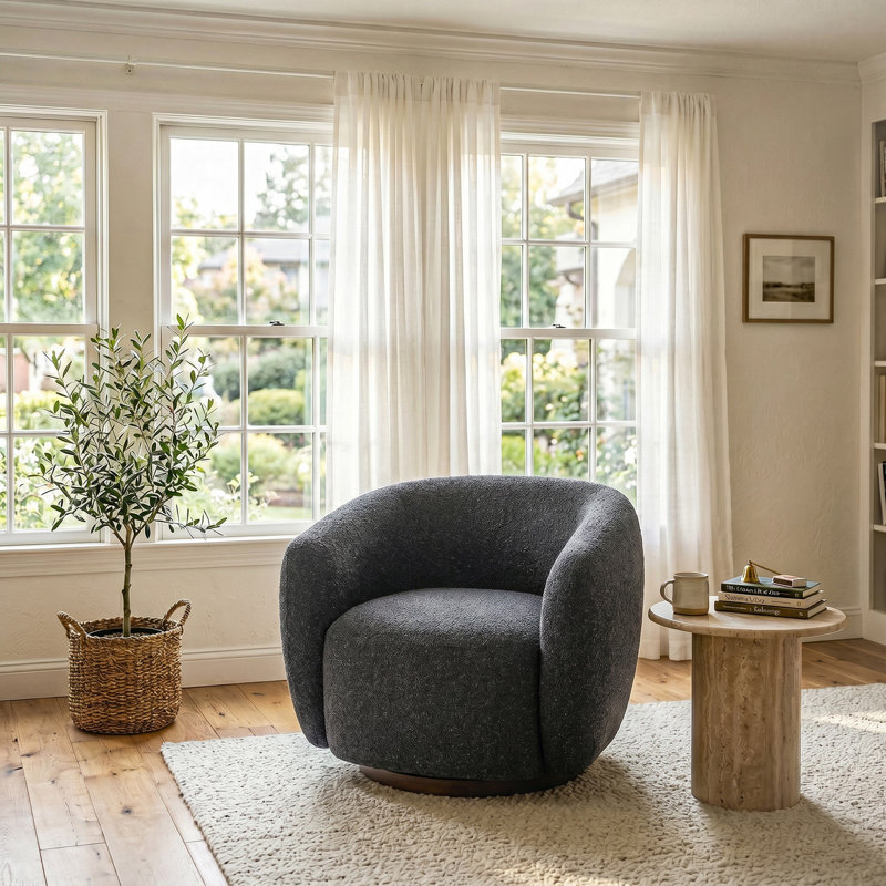 Boucle Swivel Barrel Accent Chair with Wood Base, Gray
