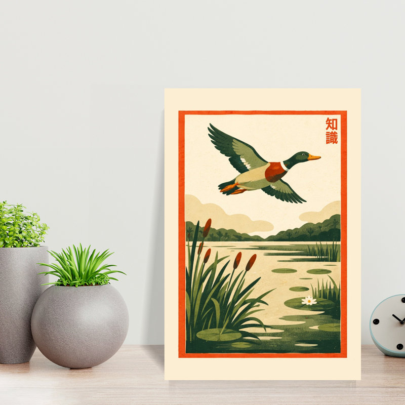 «Flying Mallard Over Lake Peaceful Serene Vintage Bird Duck Lily Forest Landscape», art mural, 18" H x 12" W