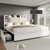 Billericay Upholstered Bed Frame With 4 Storage Drawers, Wooden Bed Frame With 47.2" Bookcase Headboard, Platform Bed With Charging Station/no Box Spring Needed,King