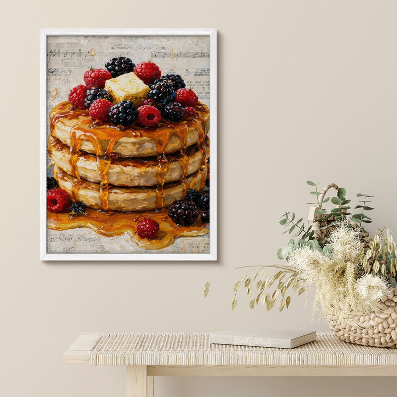 Berry Pancake Dessert Framed Wall Art Prints - Sweet Breakfast Food for Kitchen Dining Room, H 14 po x l 11 po, Blanc