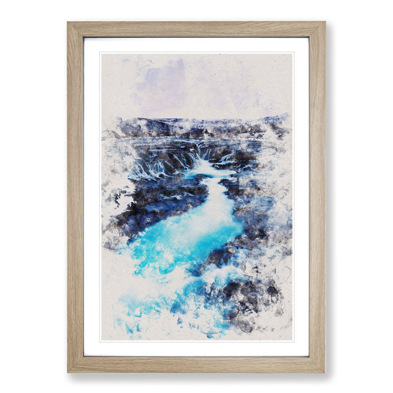 Winter Waterfall in Iceland Watercolour - Picture Frame Graphic Art, Oak, 48cm H x 36cm W x 2cm D