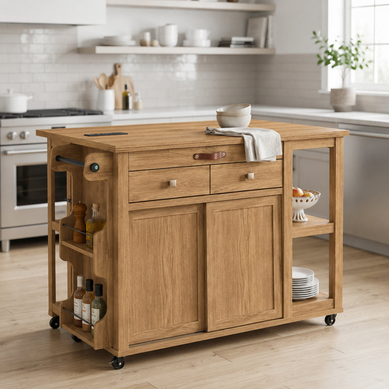 Îlot de cuisine avec prise de courant et roues, chariot à micro-ondes à roulettes en bois naturel avec rangement semi-ouvert
