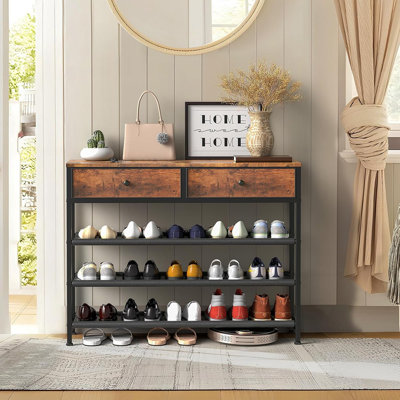Range-chaussures, range-chaussures à 4 niveaux avec 2 tiroirs, étagère à chaussures en métal pour 12 à 15 paires de chaussures, avec 3 tablettes en tissu Oxford et plateau en bois, support à chaussures pour vestibule, brun rustique