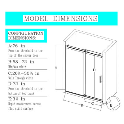 68 po x 72 po x H 76 po, portes de douche coulissantes simples sans cadre avec tampon, installation réversible, porte en verre trempé épais de 3/8 po (10 mm), porte de douche coulissante pour salle de bain