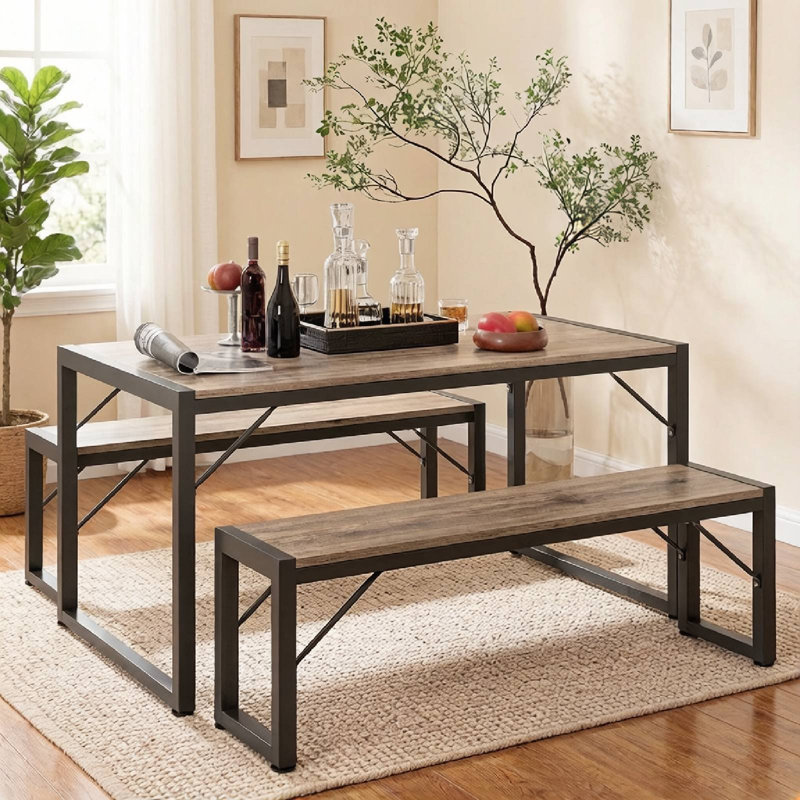 Ensemble de table de salle à manger 45,5 po pour 4 personnes, ensemble de table de cuisine avec 2 bancs, ensemble de table de salle à manger avec structure en métal et panneau de fibres à densité moyenne, coin-repas peu encombrant