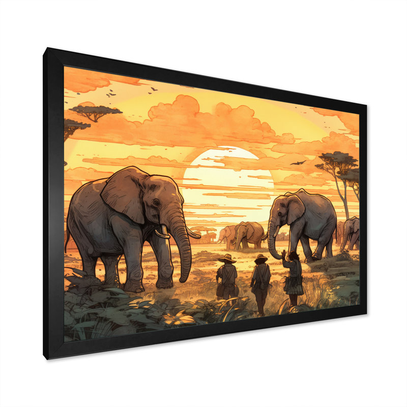 Safari africain jaune avec éléphants sur toile, H 12 po x l 20 po x P 1 po, Cadre photo noir