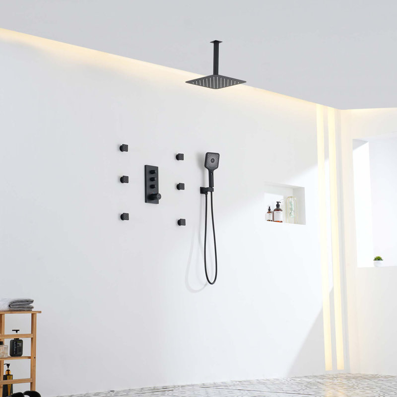 Système de douche thermostatique à 3 fonctions 12 po avec pomme de douche carrée, Noir