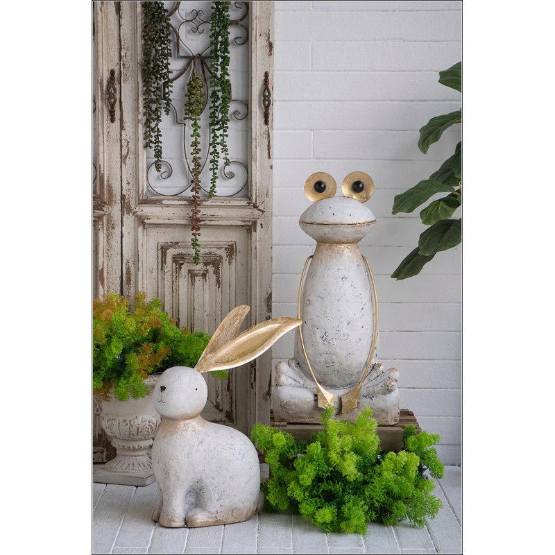 Figurine 13,8 x 6,1 x 20,9 pouces en forme de lapin en magnésium blanc avec oreilles en fer doré, parfaite pour la décoration intérieure et la présentation élégante