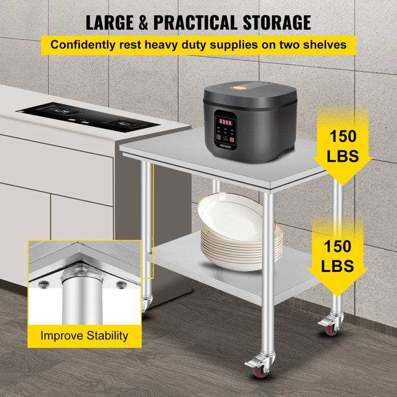 Table de travail en acier inoxydable 89 x 61 x 84 cm, capacité de charge de 136 kg, 4 roues, 3 hauteurs réglables, table de préparation alimentaire robuste pour cuisines professionnelles et restaurants, argent