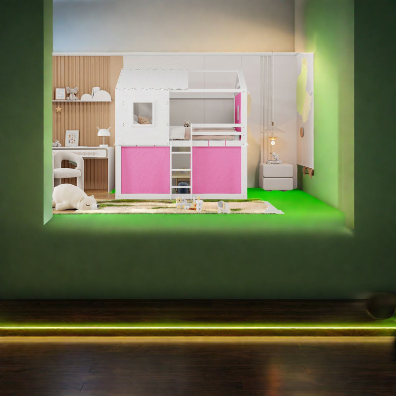 Lit superposé double en bois rustique avec tente, rose et blanc, style maisonnette
