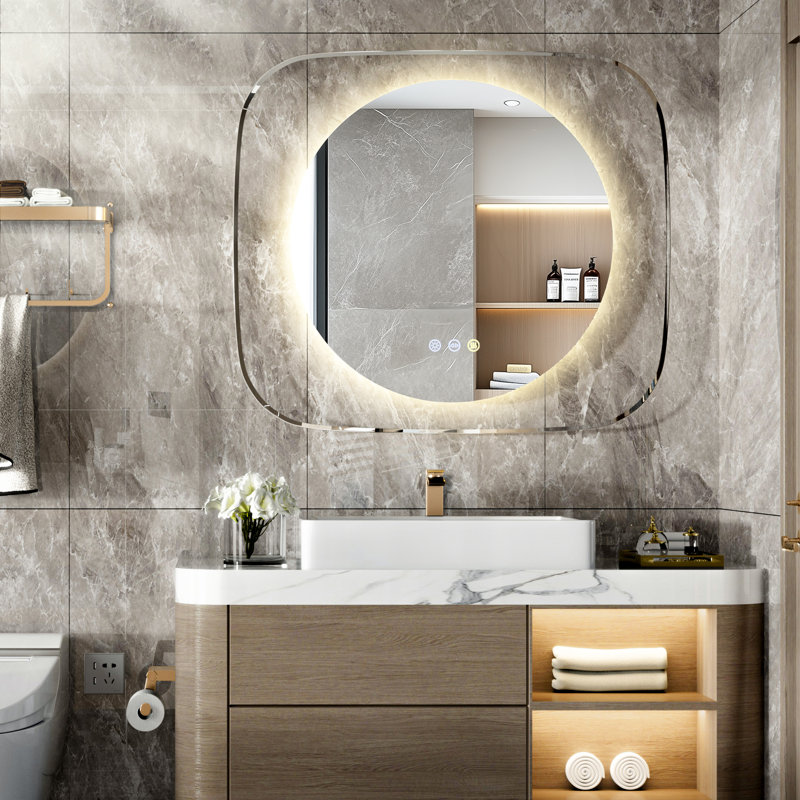 Stylish Stone Border Irregular Led Wall Mirror Bathroom Vanity Mirror With Blaklit 3 Color Temperature Lights Anit-Fog Dimmable, 3 Touch Sensor Switch