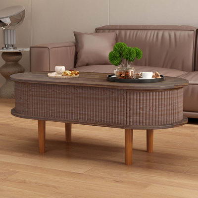 Table basse cannelée à plateau relevable avec compartiment caché, table centrale en bois, plateau de table ovale moderne pour bureau de salon à domicile