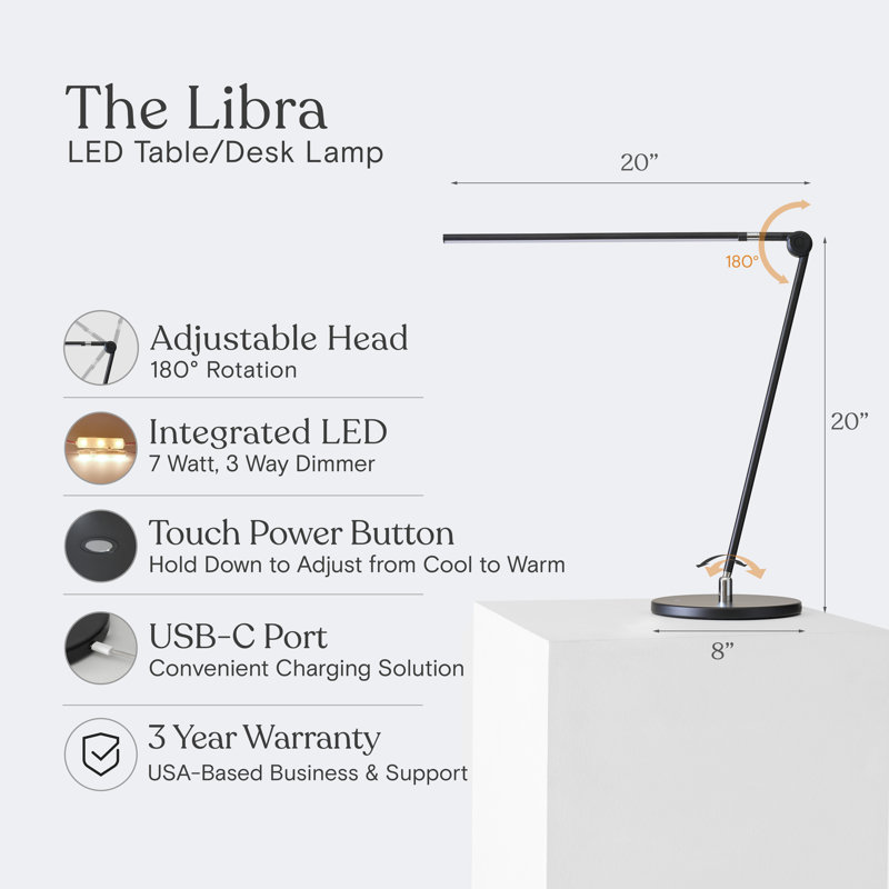 Libra 20" Industrial Black LED Desk Lamp, Adjustable Shade, USB-C Port, and Touch Button Dimming, Black