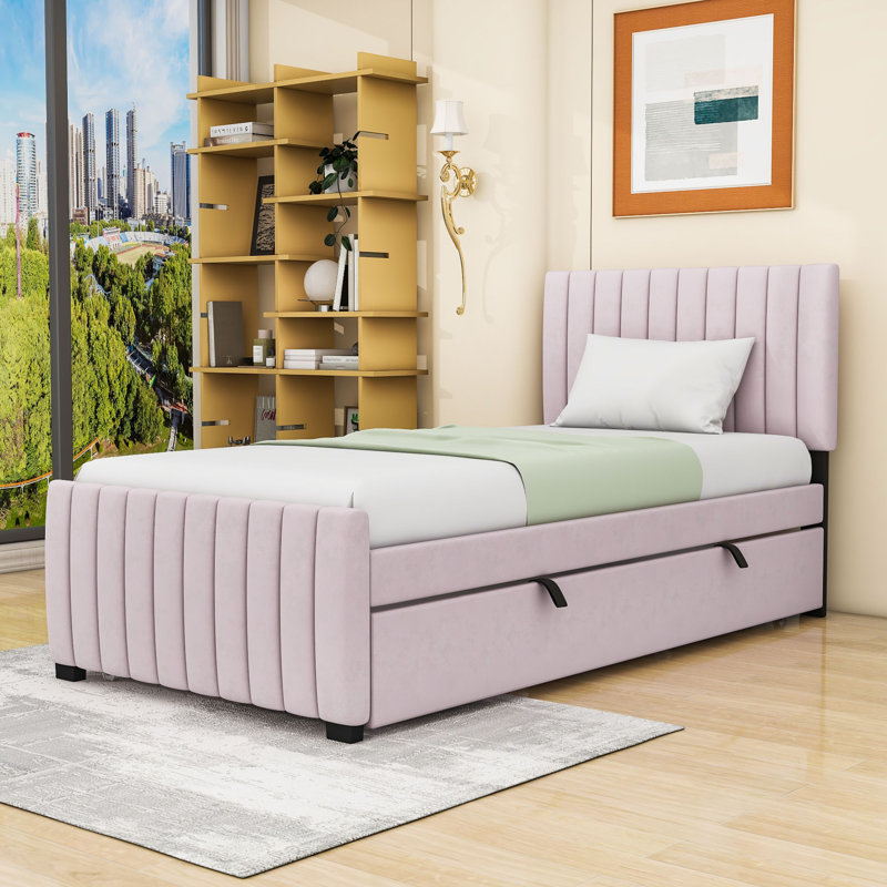 Twin Upholstered Platform Bed with Trundle, Pink
