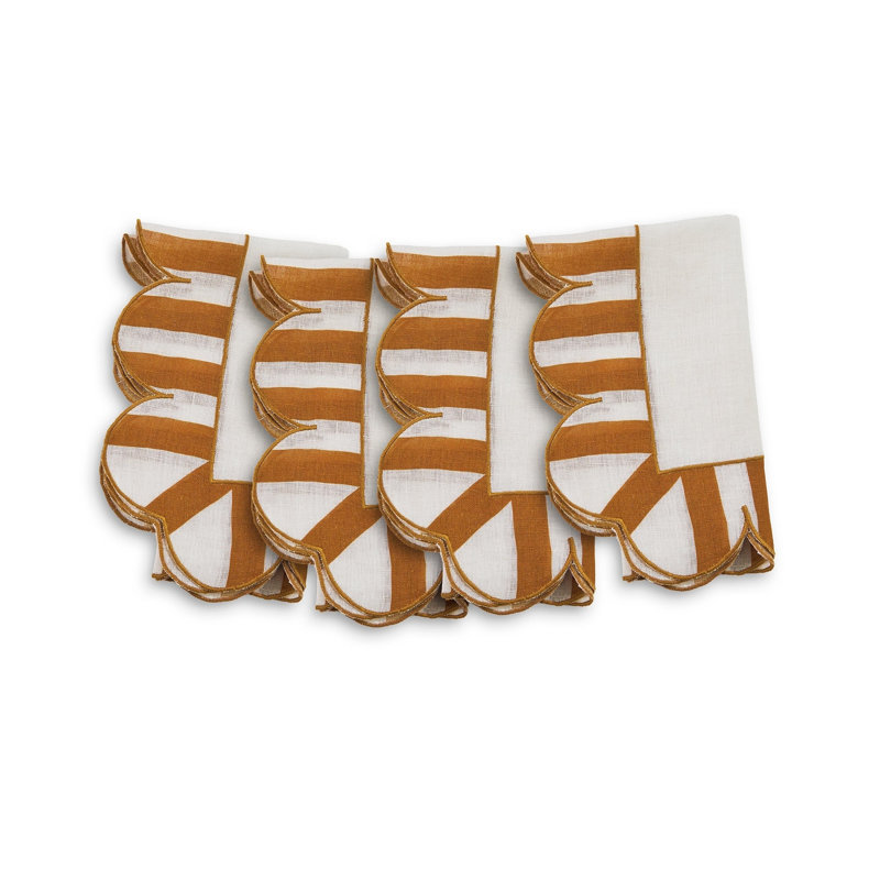 Jardin Embroidered Linen Scalloped Stripe Napkins, White/Amber