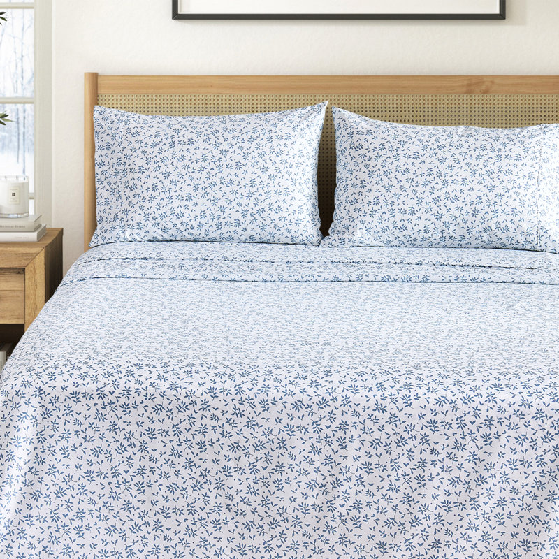Soft Printed Microfiber Sheet Set, King Sheet Set with 2 Pillowcases, Vines Blue