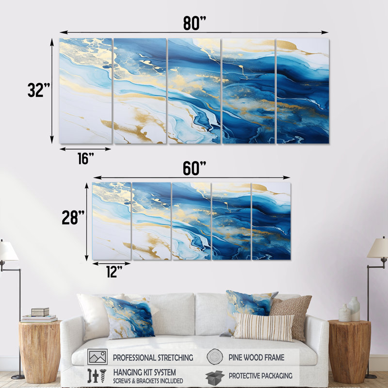 Sun Rays Ocean Blue White Gold I - Ensemble de 5 décorations murales plage et océan, H 28 po x l 60 po