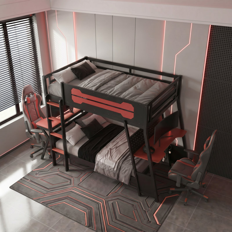 Lit superposé simple à cadre en bois avec deux bureaux de jeu et ports USB, Rouge